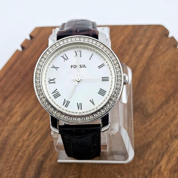 Fossil Women's Emma Silver Roman Numeral Crystal Halo Watch Brown Leather Strap - Picture 1 of 6